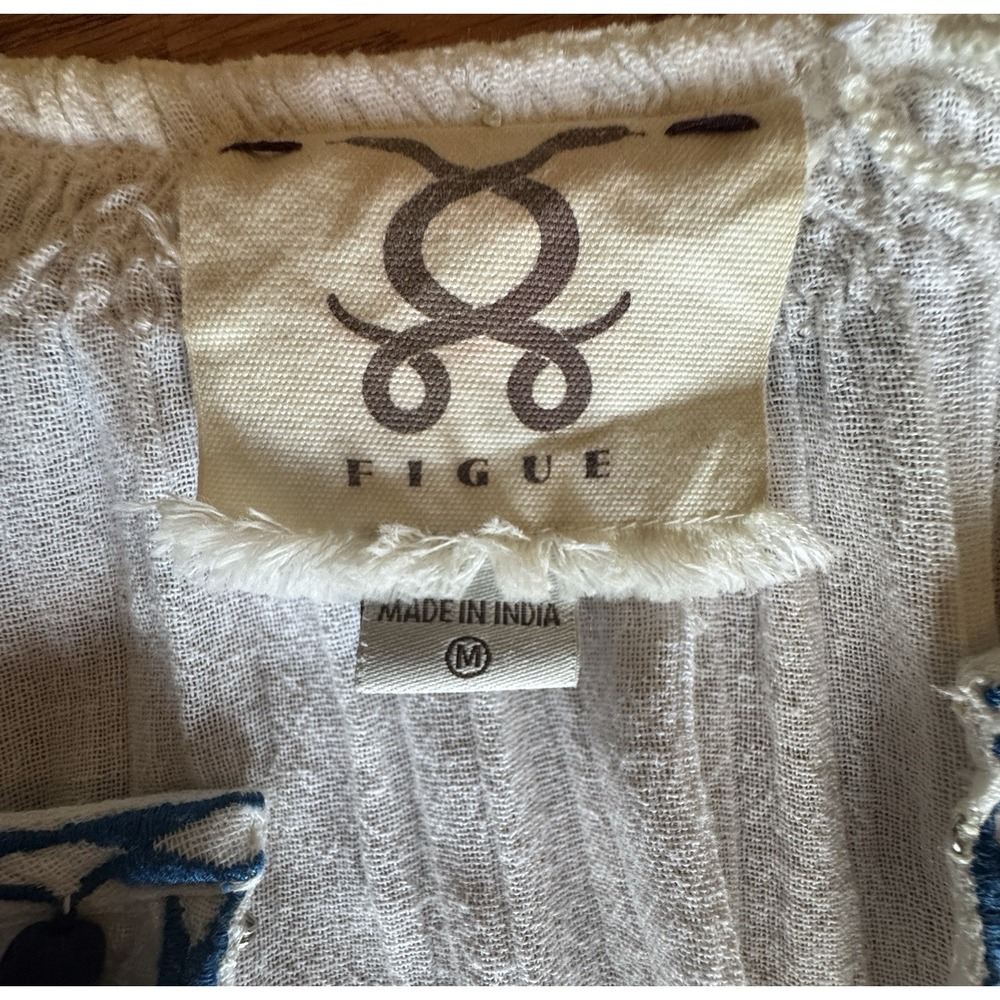 FIGUE Beige Dress/Tunic Medium W/Teal Embroidery Sleeves Boho Resort Wear Cruise - Picture 10 of 13